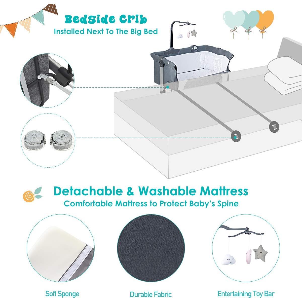 Cuna Lateral Ajustable BABY JOY con Colchón y Soporte para Juguetes