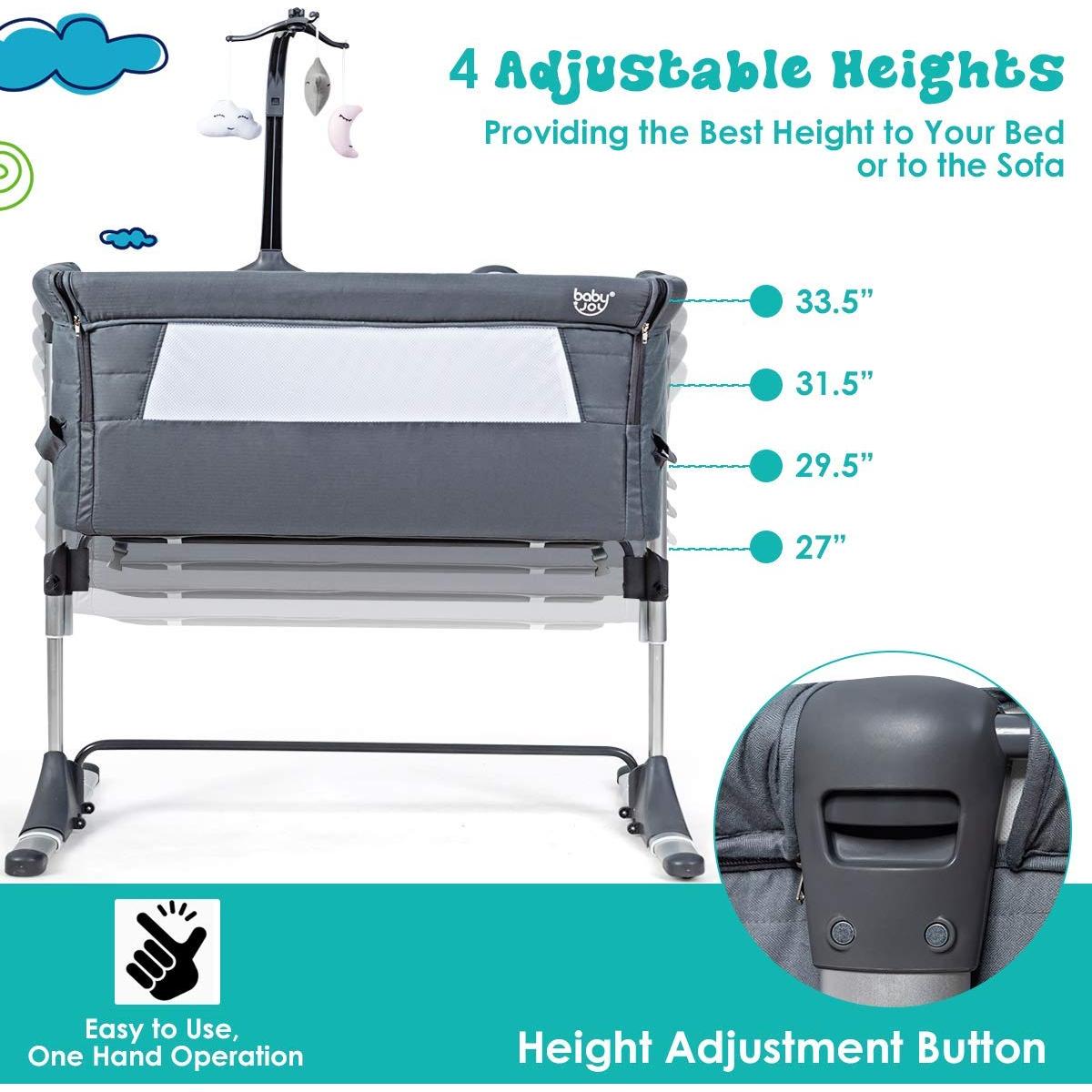 Cuna Lateral Ajustable BABY JOY con Colchón y Soporte para Juguetes