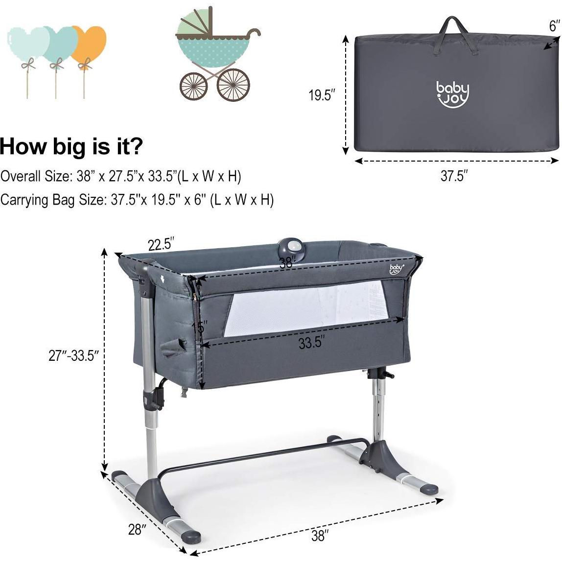 Cuna Lateral Ajustable BABY JOY con Colchón y Soporte para Juguetes