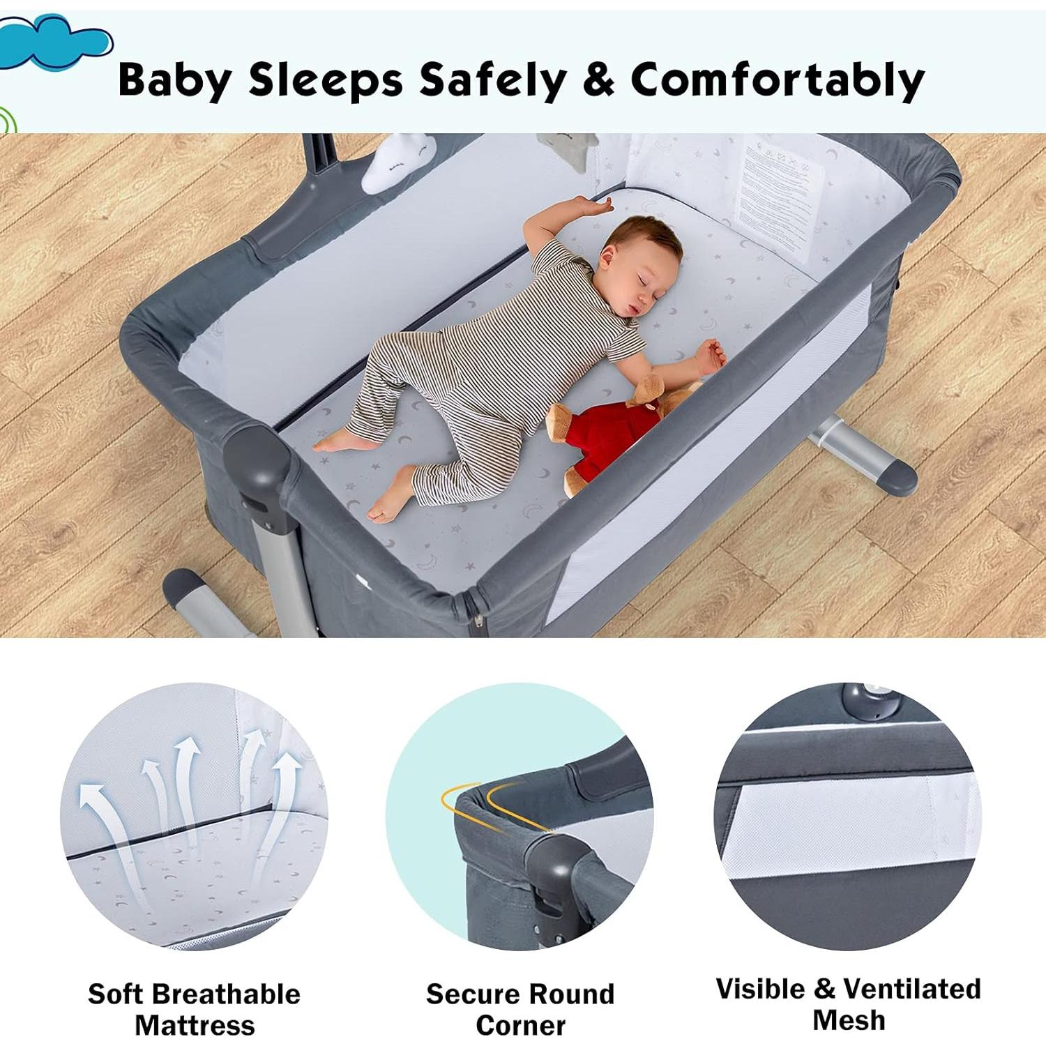 Cuna Lateral Ajustable BABY JOY con Colchón y Soporte para Juguetes