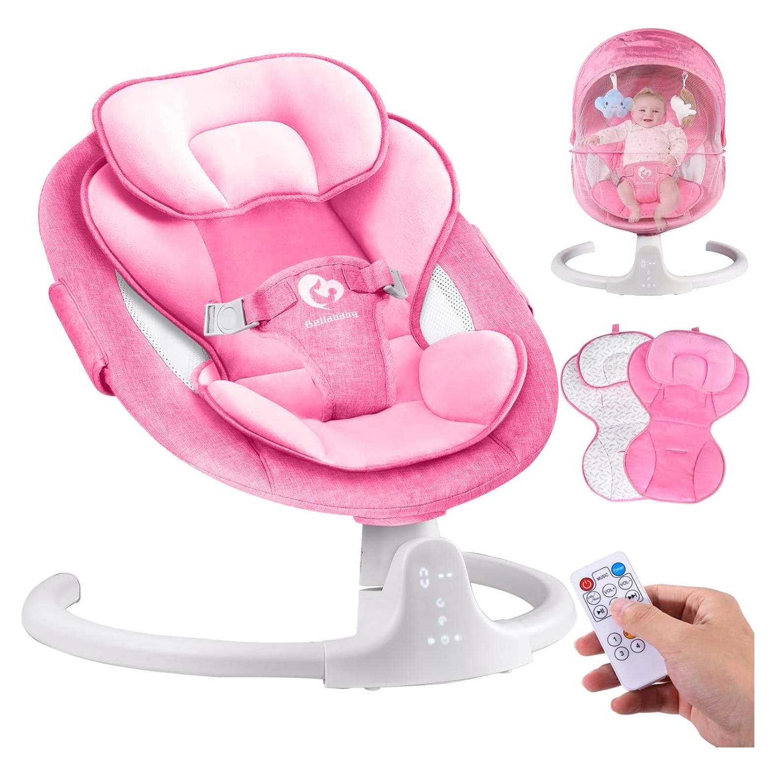 Columpio Bluetooth para Bebés Rosa, Compacto y Portátil, 5 Velocidades, 10 Canciones