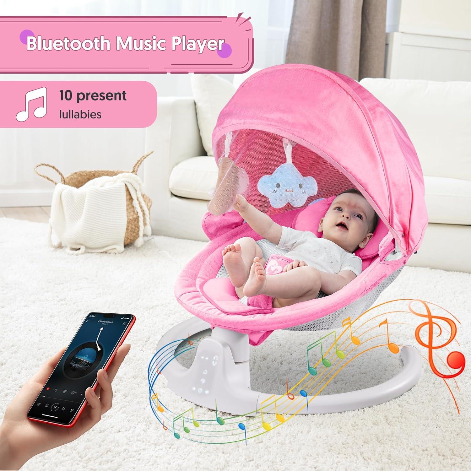 Columpio Bluetooth para Bebés Rosa, Compacto y Portátil, 5 Velocidades, 10 Canciones