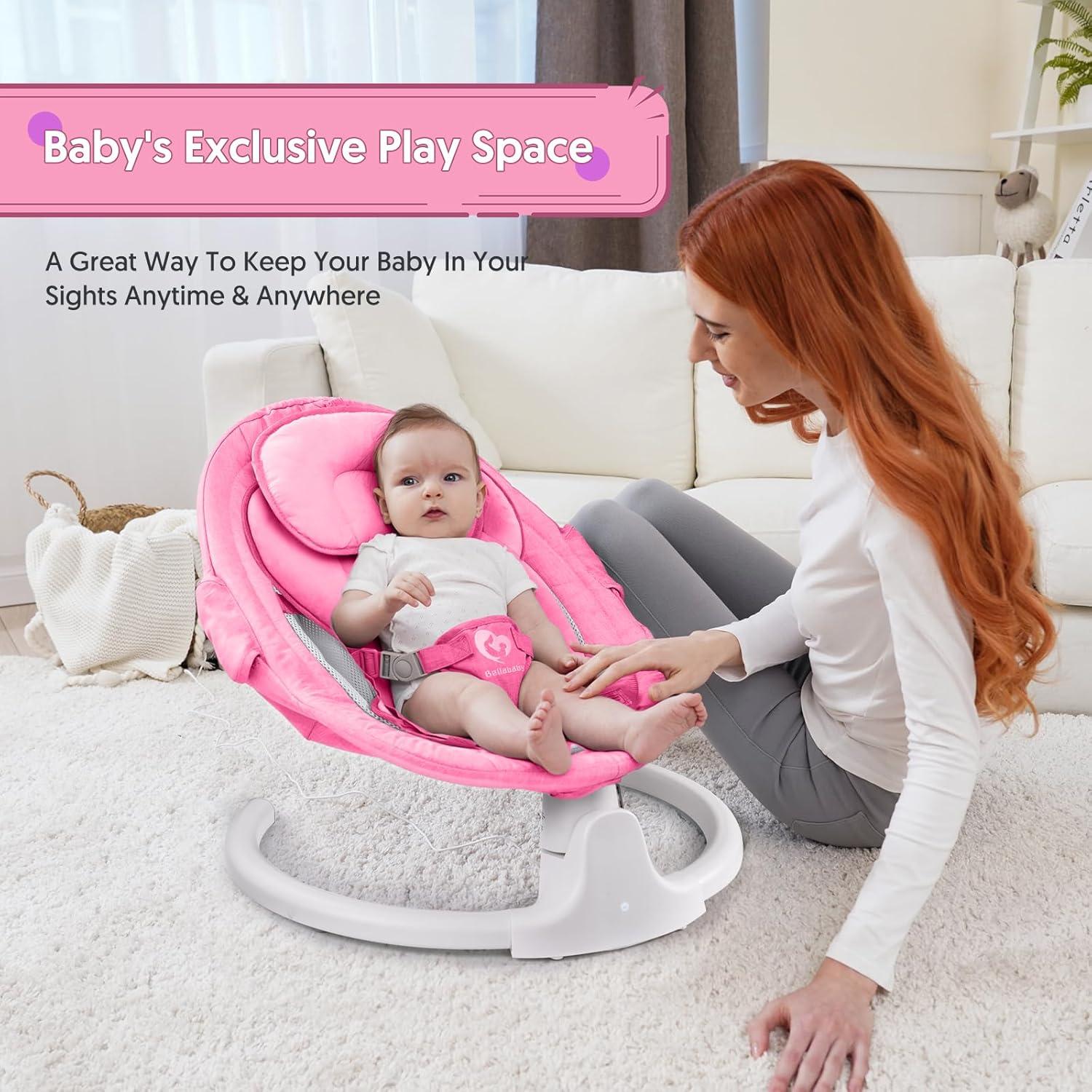 Columpio Bluetooth para Bebés Rosa, Compacto y Portátil, 5 Velocidades, 10 Canciones