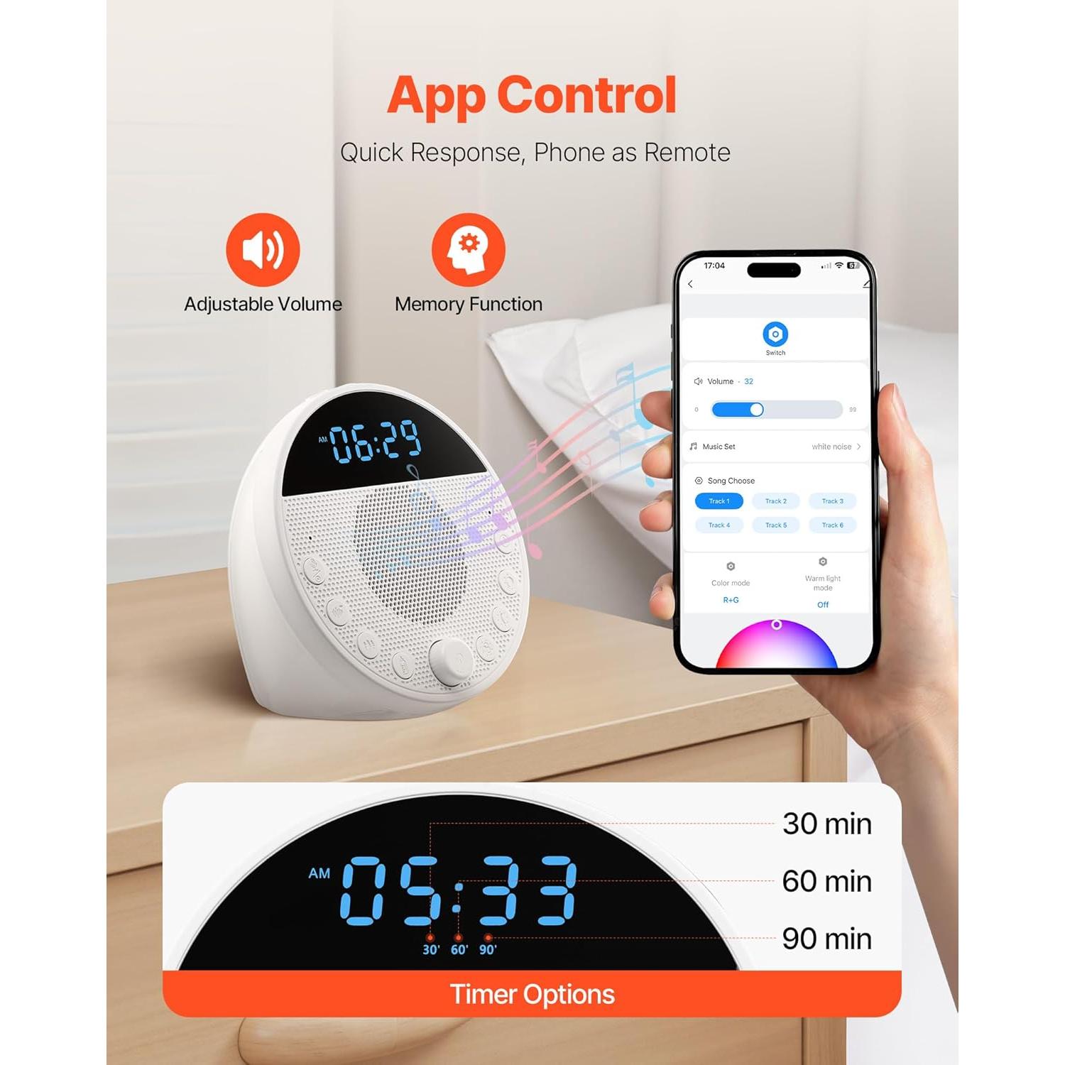 VEVOR Sound Machine, 18 Soothing Sleep Sounds, 7-Color Night Light, 6-in-1 White Noise Sound Machine with Dual Alarms, APP, Auto-Off Timer and Memory Function, for Baby, Adults, Home, Office & Travel