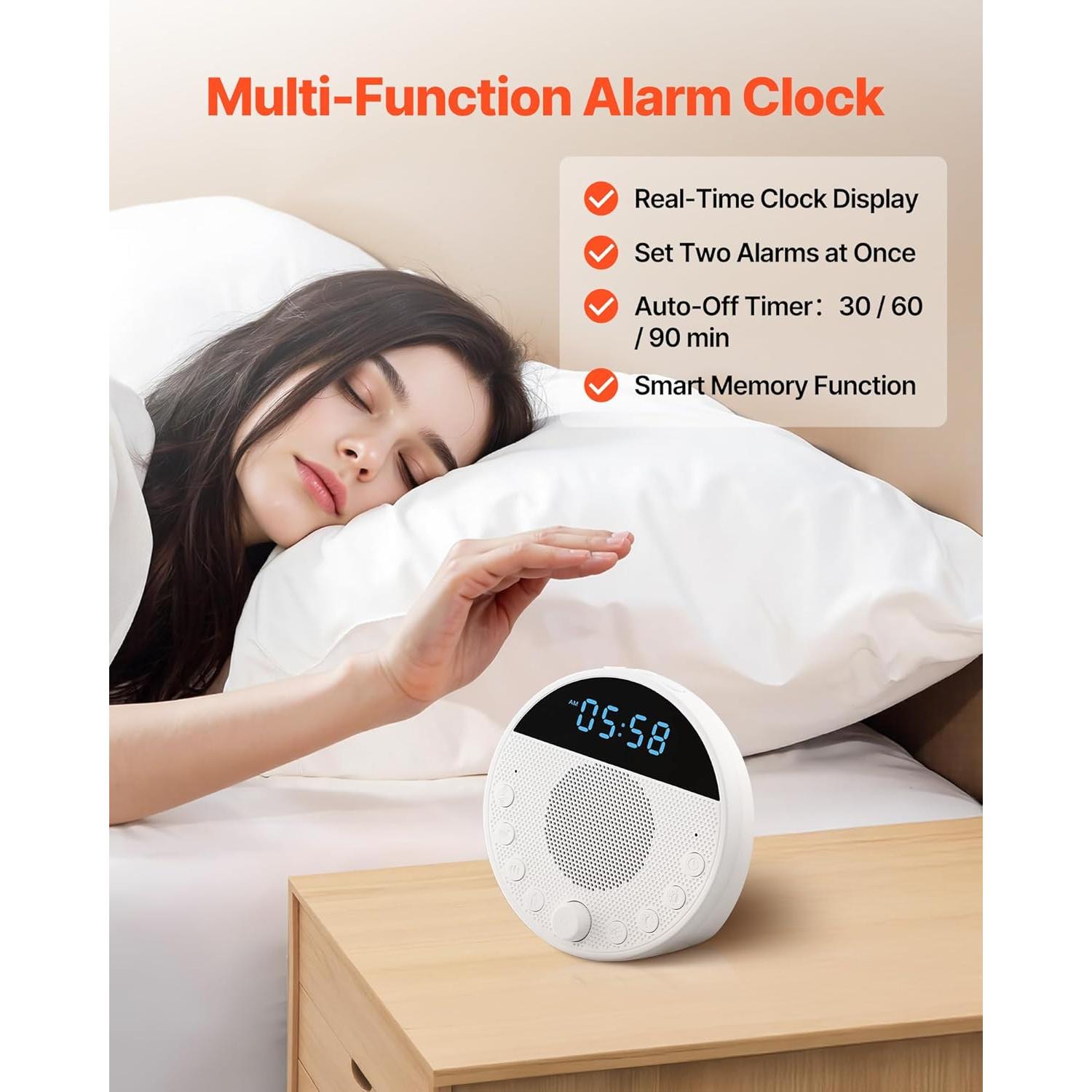 VEVOR Sound Machine, 18 Soothing Sleep Sounds, 7-Color Night Light, 6-in-1 White Noise Sound Machine with Dual Alarms, APP, Auto-Off Timer and Memory Function, for Baby, Adults, Home, Office & Travel