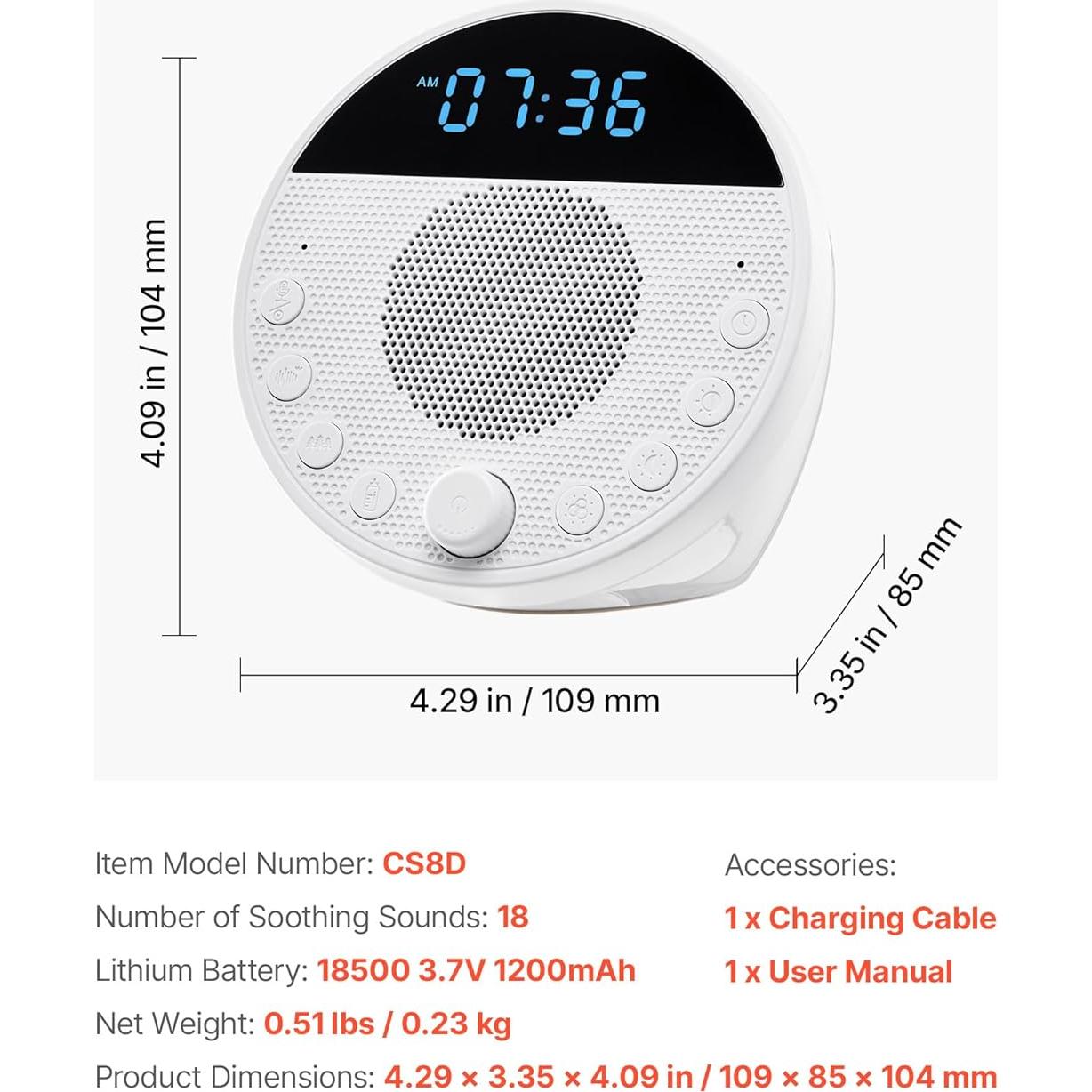 VEVOR Sound Machine, 18 Soothing Sleep Sounds, 7-Color Night Light, 6-in-1 White Noise Sound Machine with Dual Alarms, APP, Auto-Off Timer and Memory Function, for Baby, Adults, Home, Office & Travel