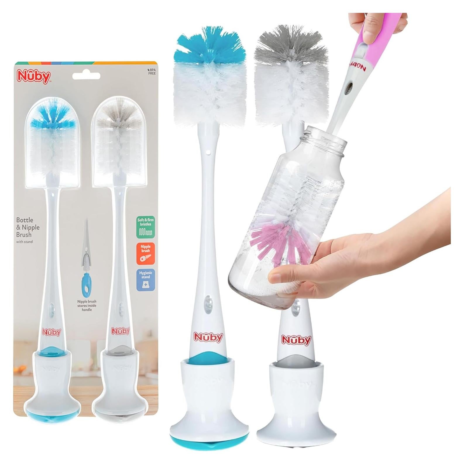 Cepillo para Botellas Nuby 2 Paquete con Soporte - Colores Varios