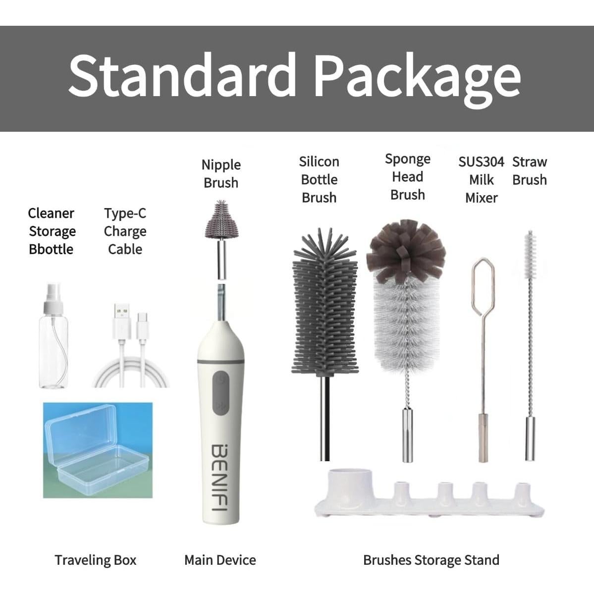 Juego de Cepillos Eléctricos para Botellas Benifi - Limpieza Eficiente