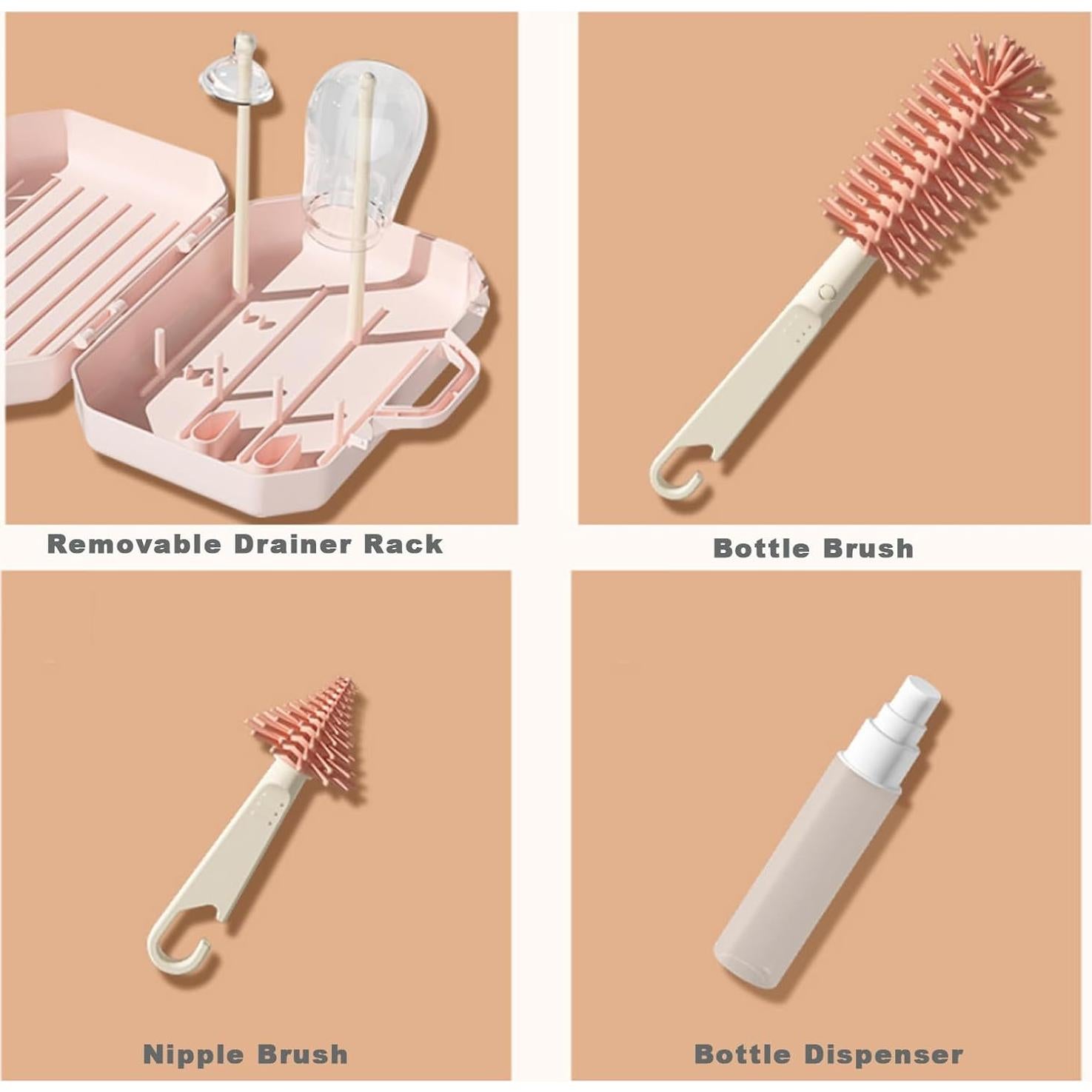 Juego de Cepillos de Botella PandaEar Rosa - 6 en 1 Portátil