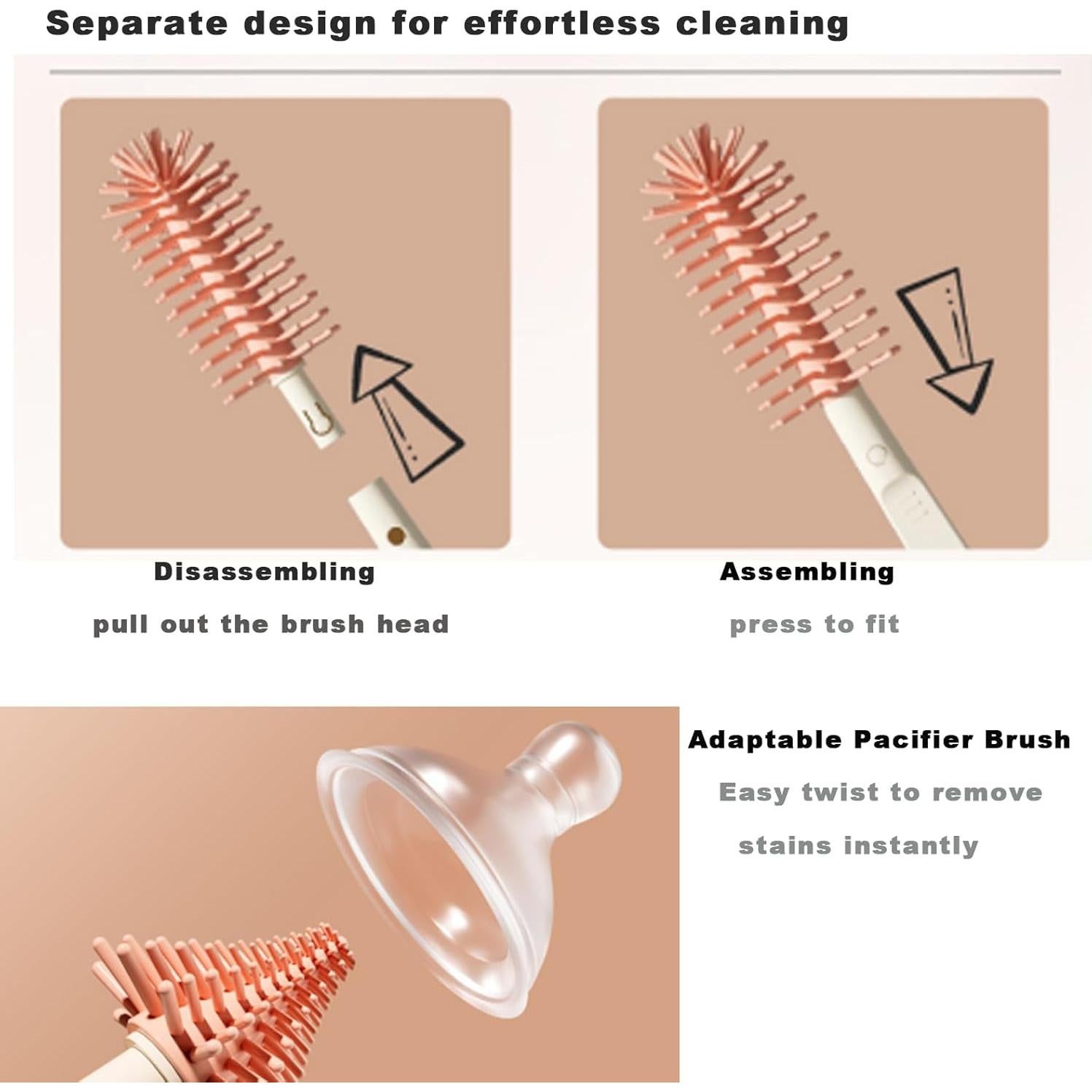 Juego de Cepillos de Botella PandaEar Rosa - 6 en 1 Portátil