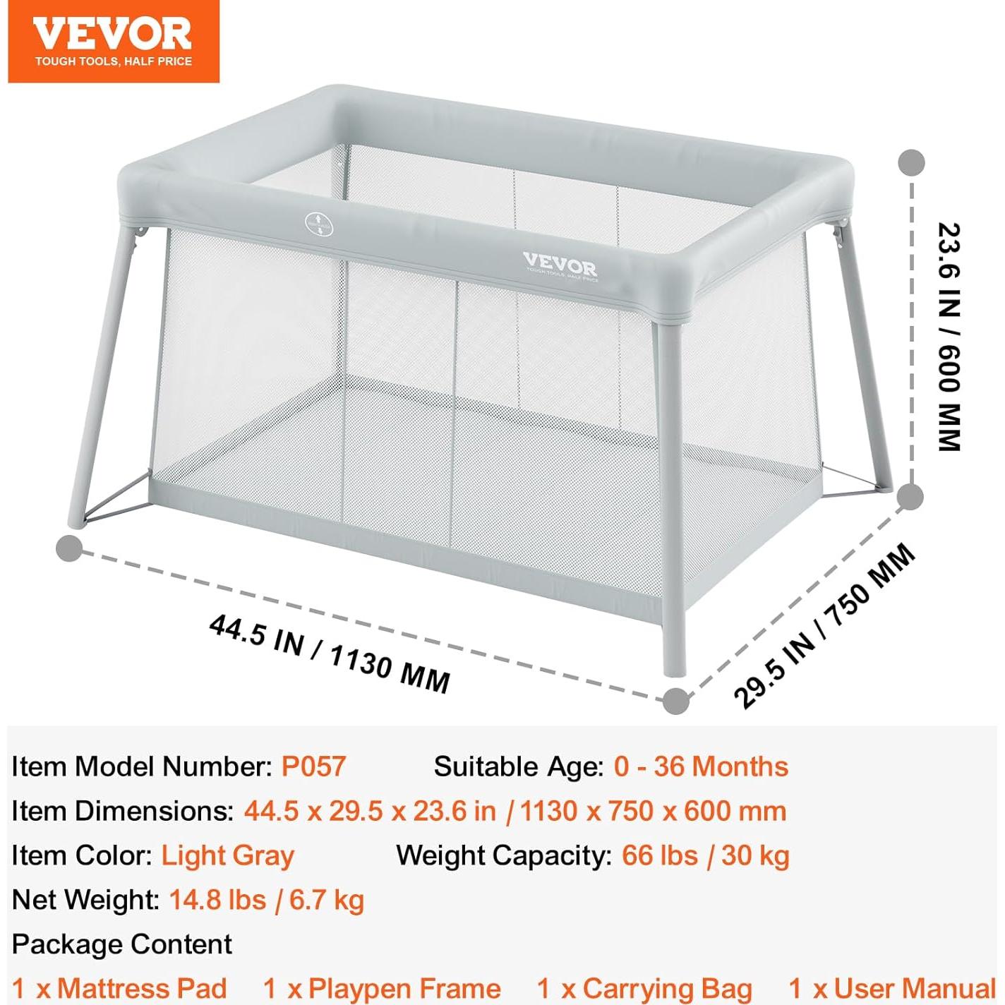 Cuna de viaje VEVOR 113x75 cm con colchón suave y malla