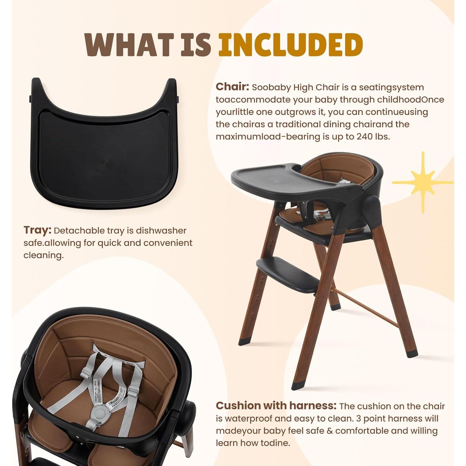 Silla Alta Ajustable Soobaby con Bandeja Removible - Negro Marrón