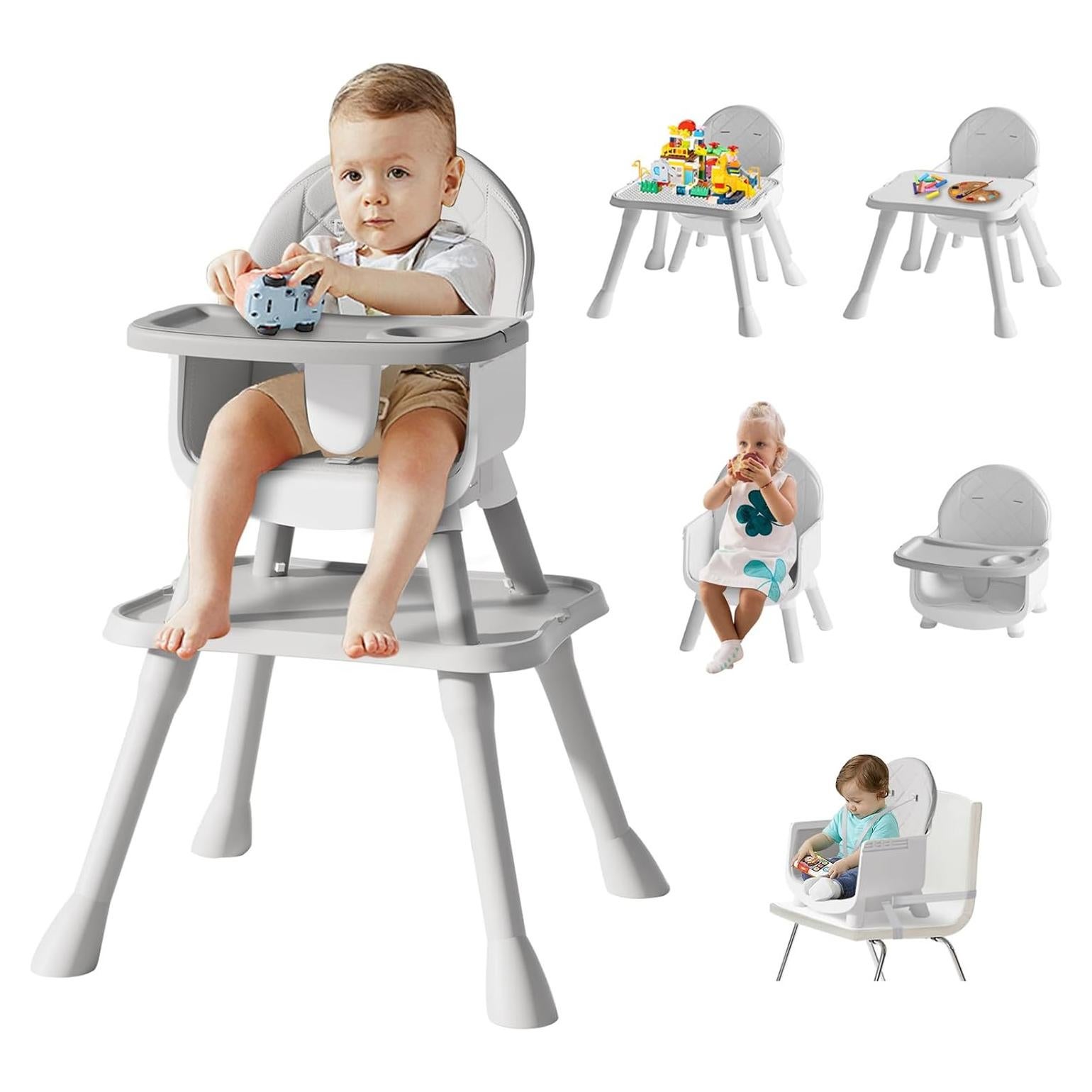 Silla Alta 6 en 1 para Bebés y Niños - Gris, Asiento Elevador y Mesa