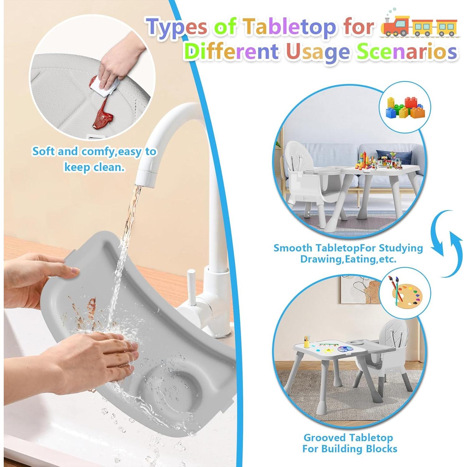 Silla Alta 6 en 1 para Bebés y Niños - Gris, Asiento Elevador y Mesa