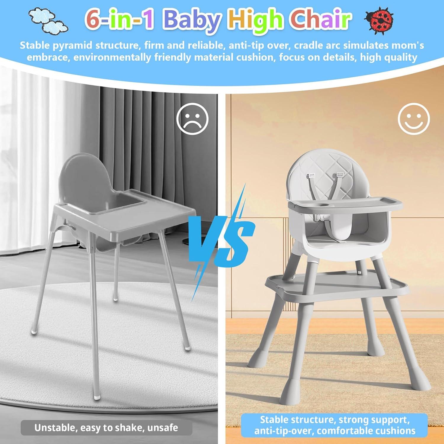 Silla Alta 6 en 1 para Bebés y Niños - Gris, Asiento Elevador y Mesa