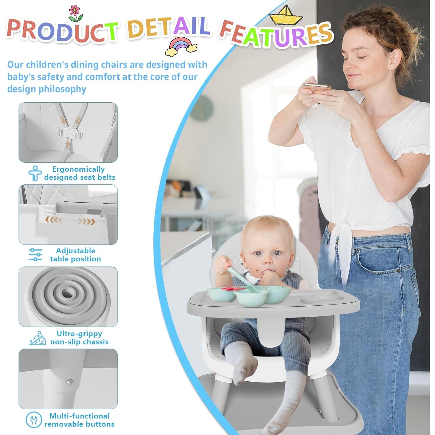 Silla Alta 6 en 1 para Bebés y Niños - Gris, Asiento Elevador y Mesa