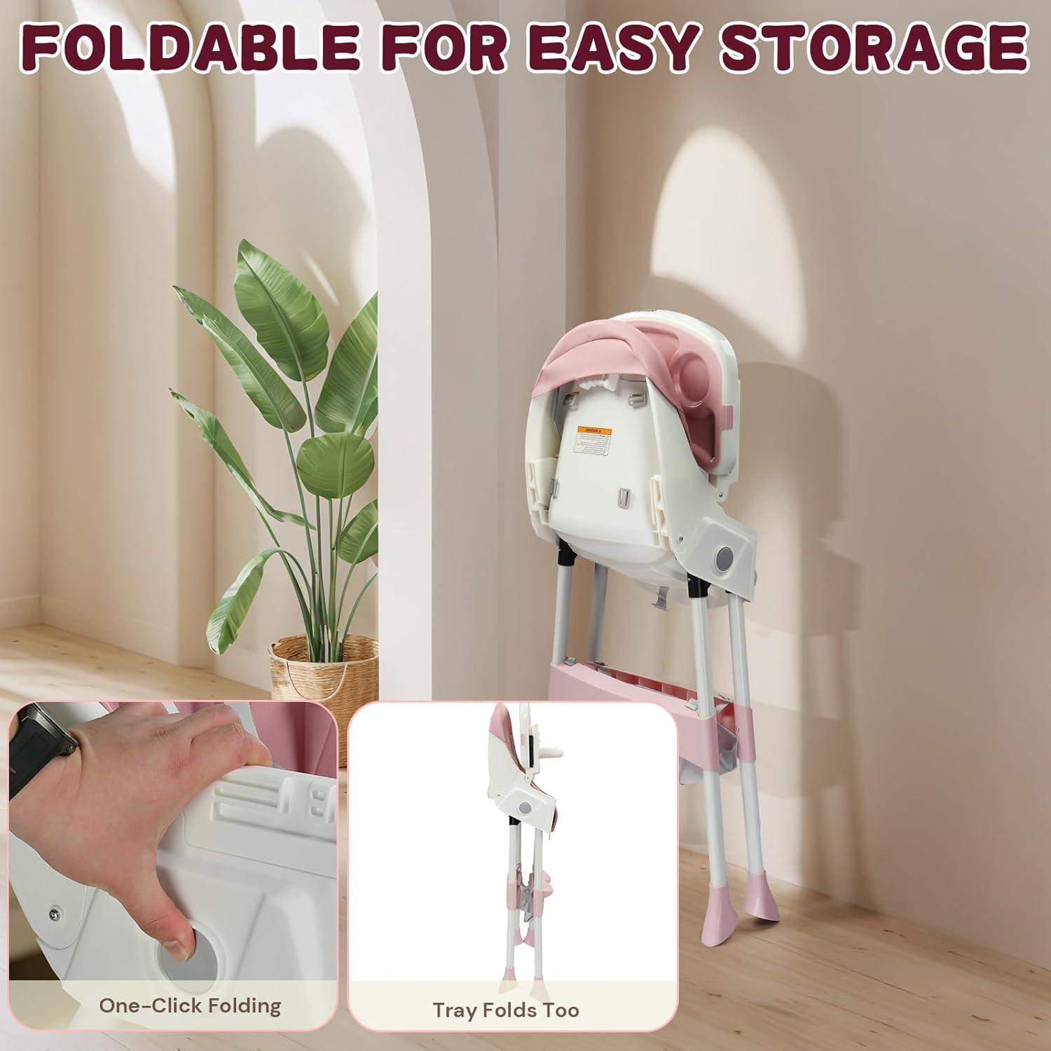 Silla Alta Plegable Ktaxon Rosa 2 en 1 con Bandeja Ajustable