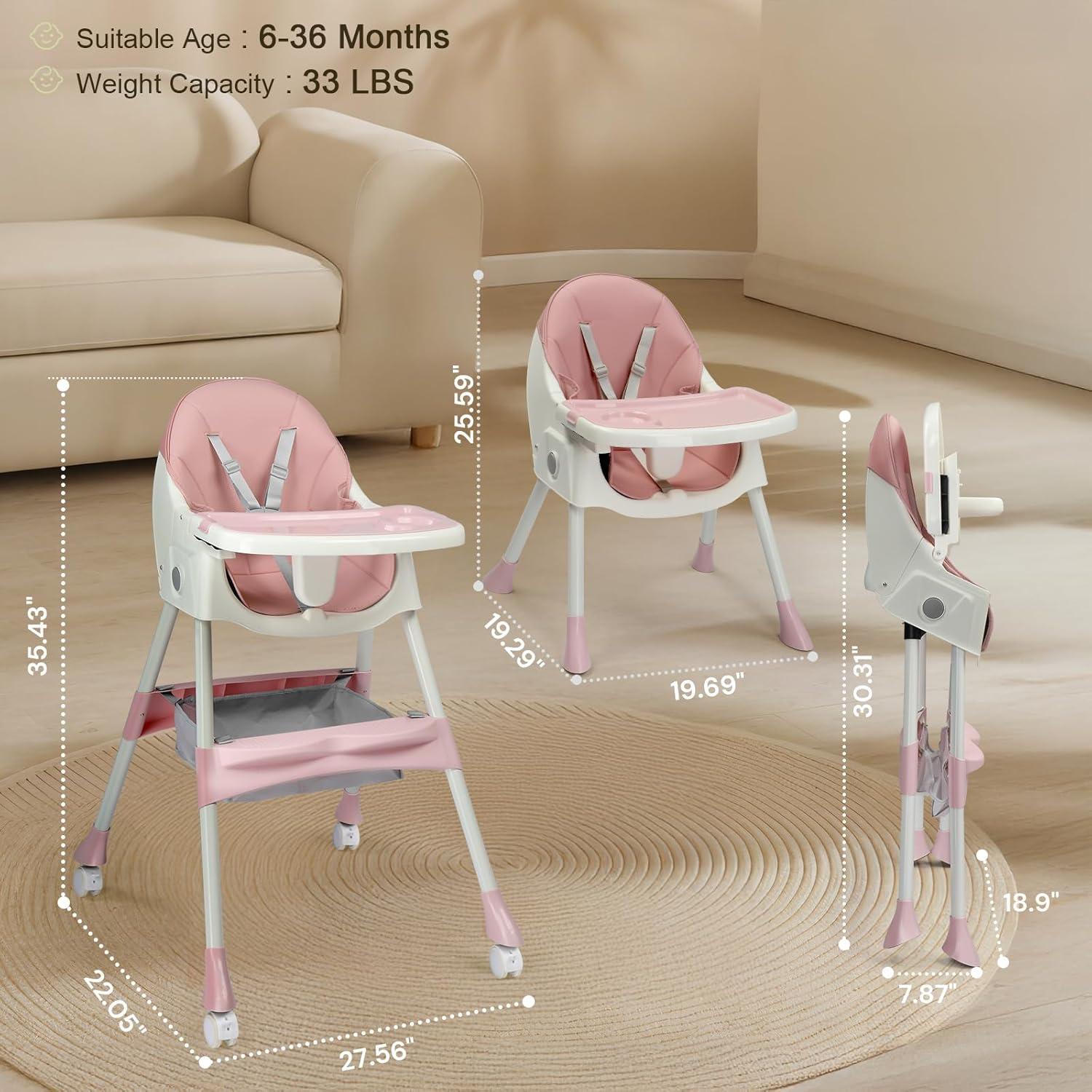 Silla Alta Plegable Ktaxon Rosa 2 en 1 con Bandeja Ajustable