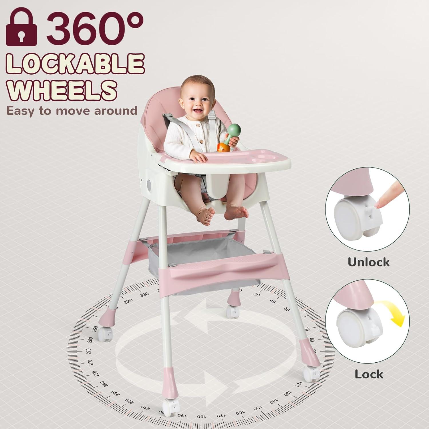 Silla Alta Plegable Ktaxon Rosa 2 en 1 con Bandeja Ajustable