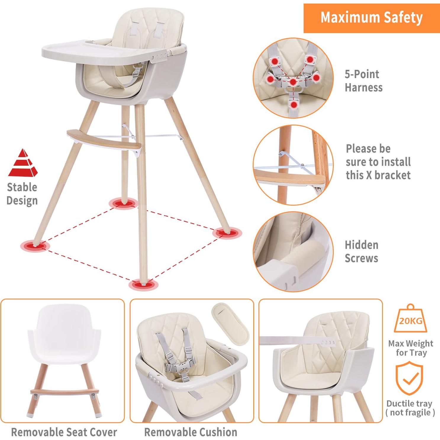 Silla Alta Convertible Mallify de Madera Beige 3 en 1