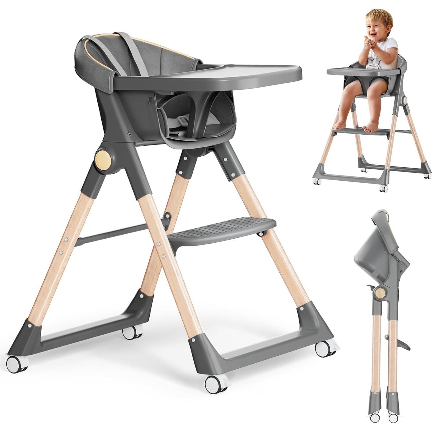 Silla Alta Plegable para Bebés BONBAY con Ruedas y Bandeja Desmontable