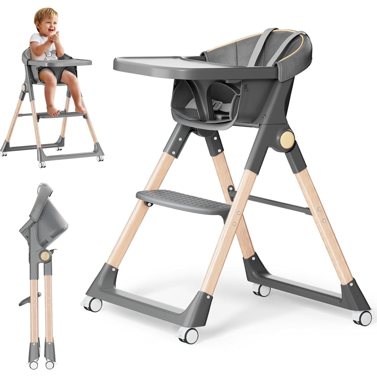 Silla Alta Plegable para Bebés BONBAY con Ruedas y Bandeja Desmontable