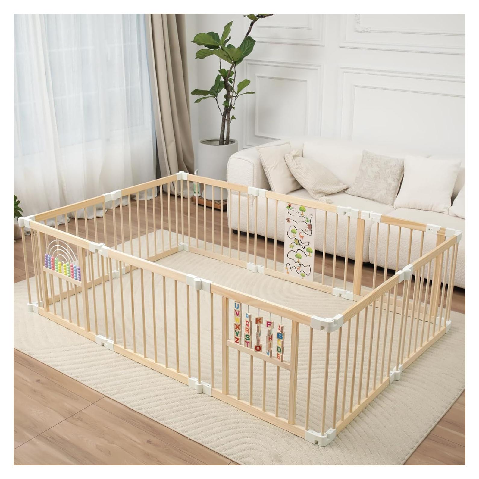 Parque Infantil Plegable de Madera con Juguetes Integrados 208x140cm