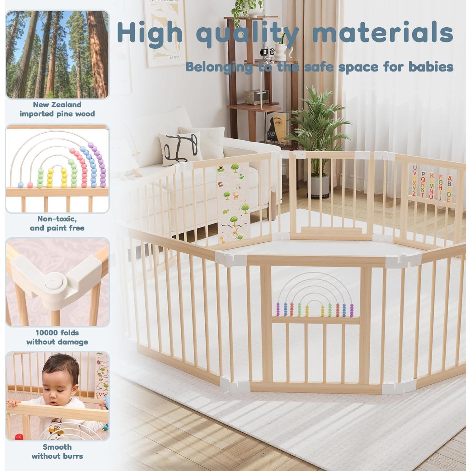 Parque Infantil Plegable de Madera con Juguetes Integrados 208x140cm