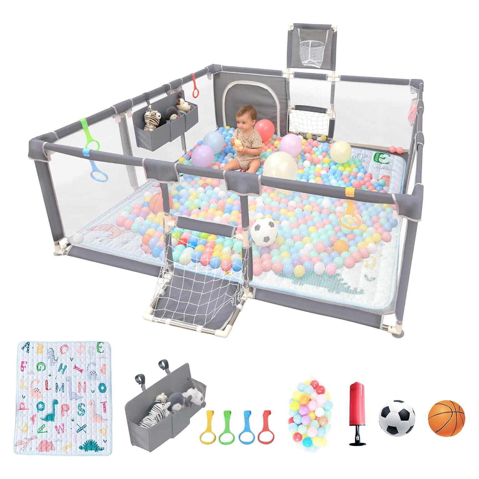 Parque Infantil Plegable 185x180cm Gris con Alfombra y Pelotas