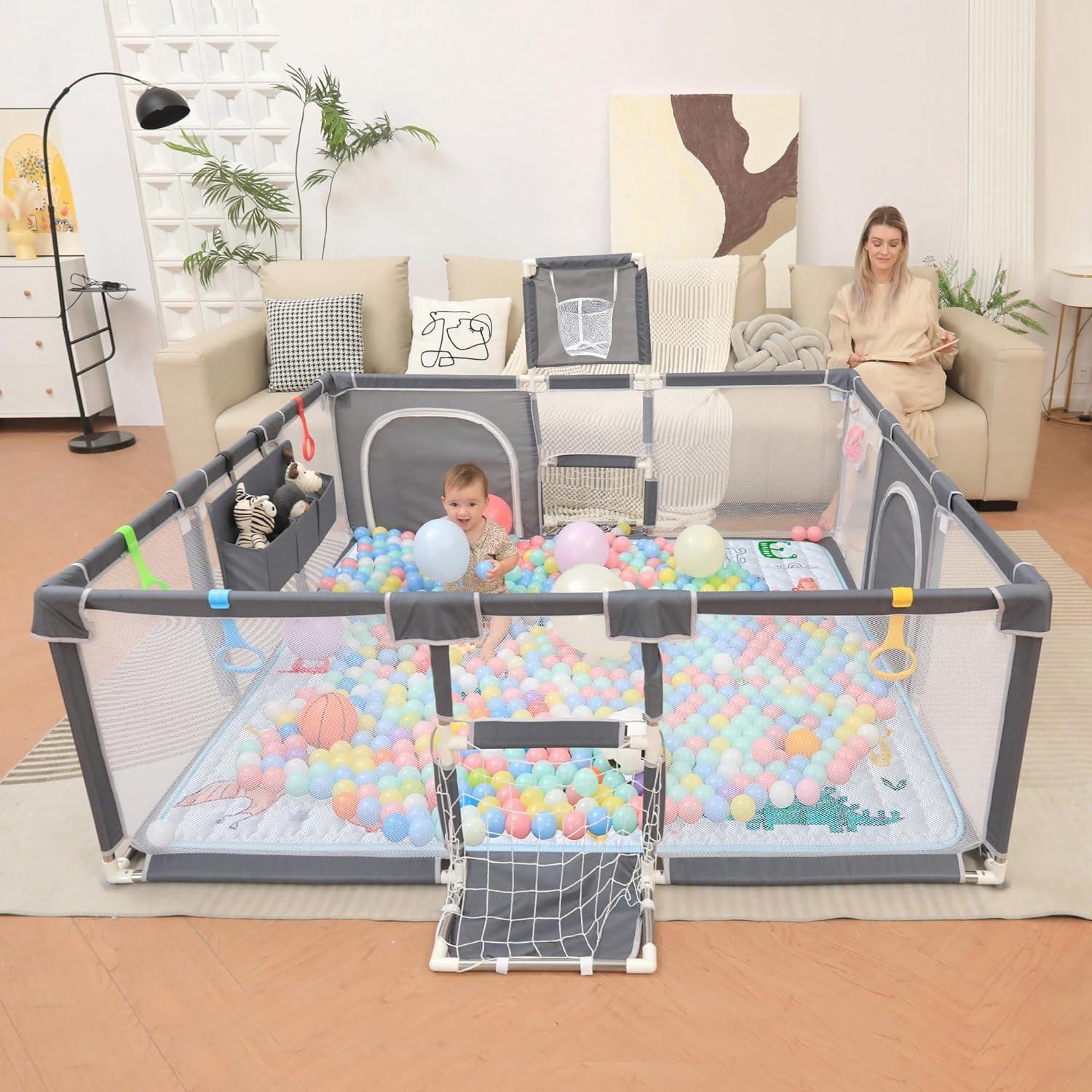 Parque Infantil Plegable 185x180cm Gris con Alfombra y Pelotas