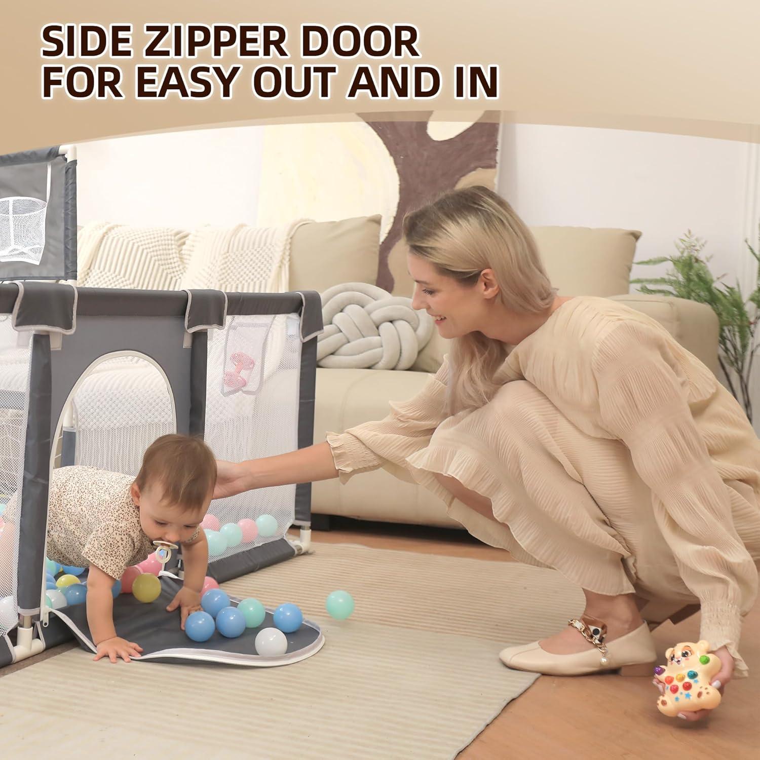 Parque Infantil Plegable 185x180cm Gris con Alfombra y Pelotas