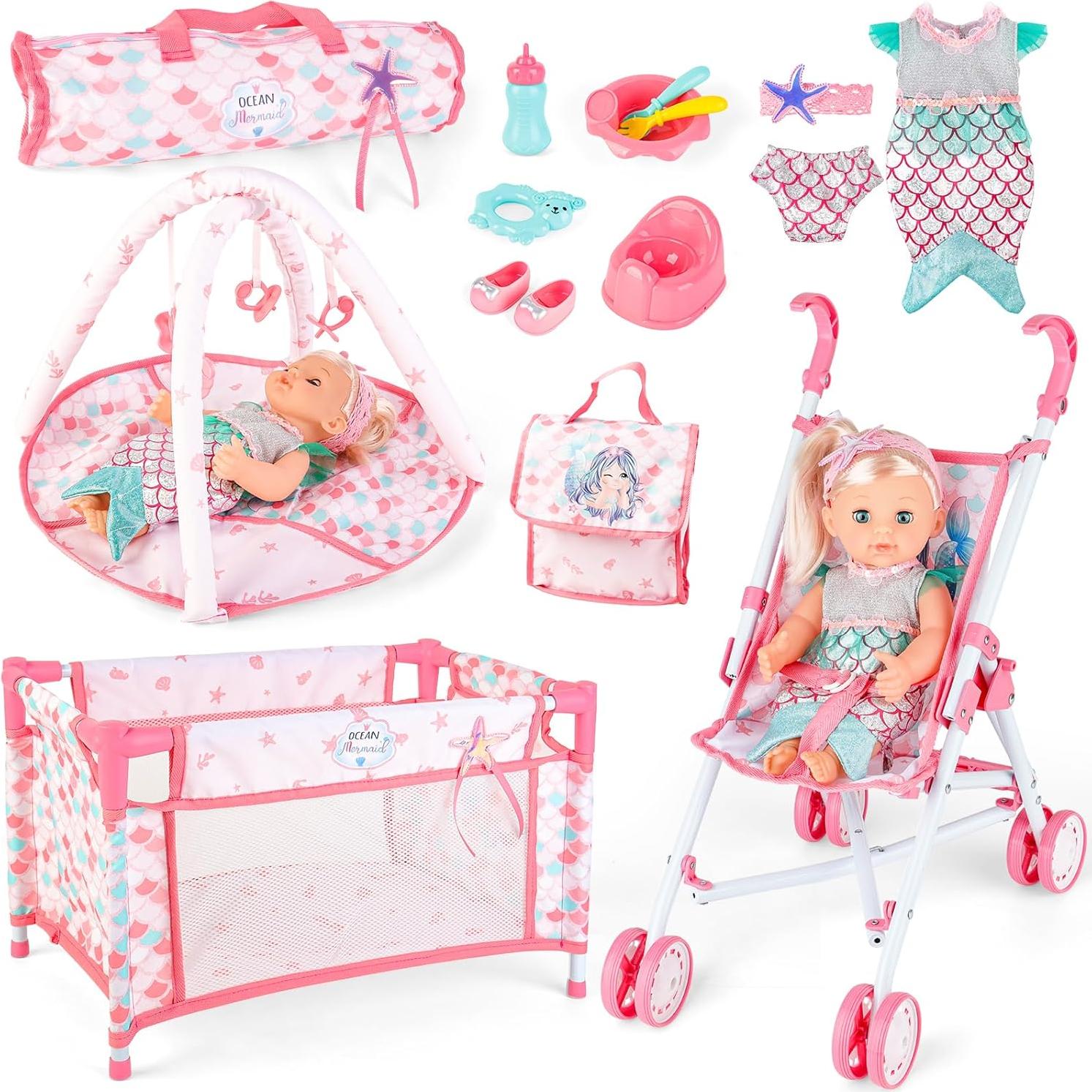 Carrito de Muñecas Plegable deAO con Accesorios y Alfombra