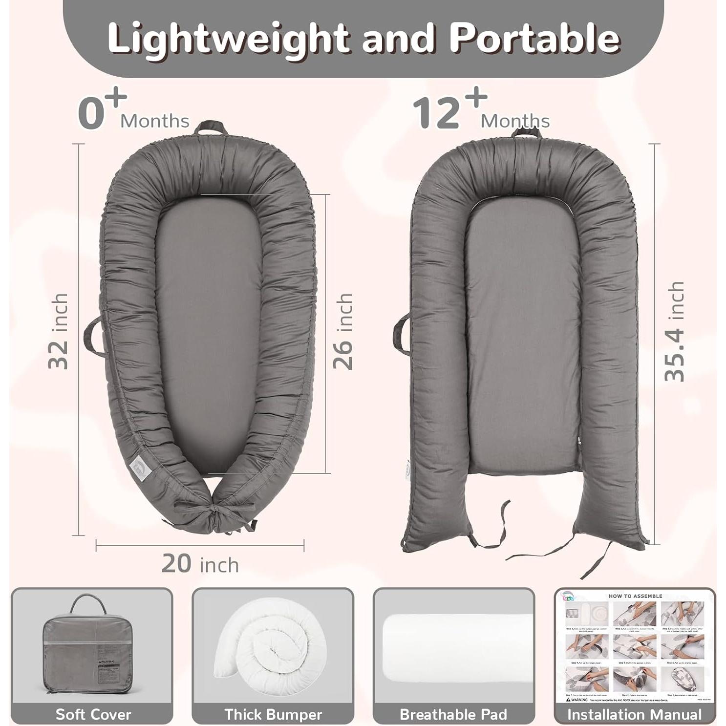 Lounger para Bebés EAQ Gris, Algodón Suave, 0-18 Meses