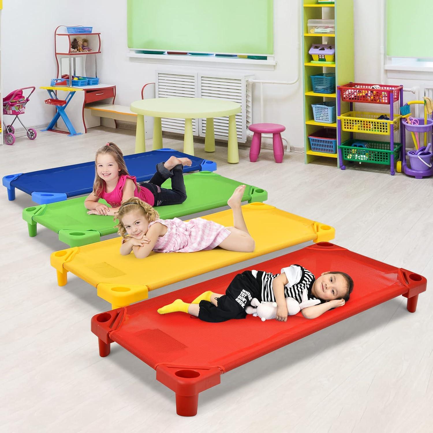 Daycare Cots, 4-Pack Stackable Nap Bed Cot with Easy Lift Corners, Portable Children Sleeping Cots for Preschool Classroom, Nursery, Ready-to-Assemble (Colorful)