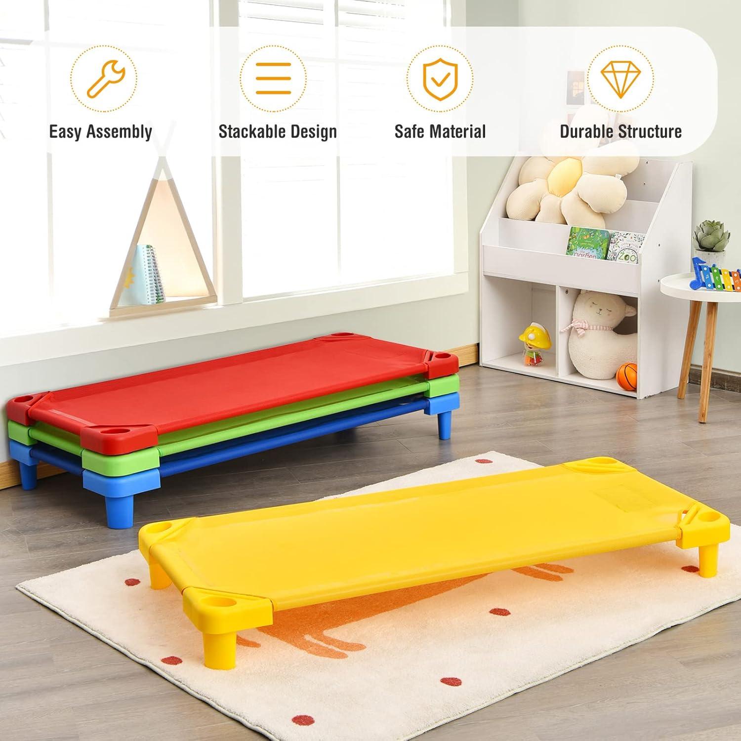 Daycare Cots, 4-Pack Stackable Nap Bed Cot with Easy Lift Corners, Portable Children Sleeping Cots for Preschool Classroom, Nursery, Ready-to-Assemble (Colorful)
