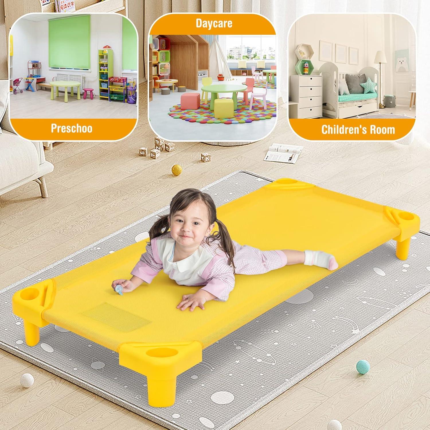 Daycare Cots, 4-Pack Stackable Nap Bed Cot with Easy Lift Corners, Portable Children Sleeping Cots for Preschool Classroom, Nursery, Ready-to-Assemble (Colorful)