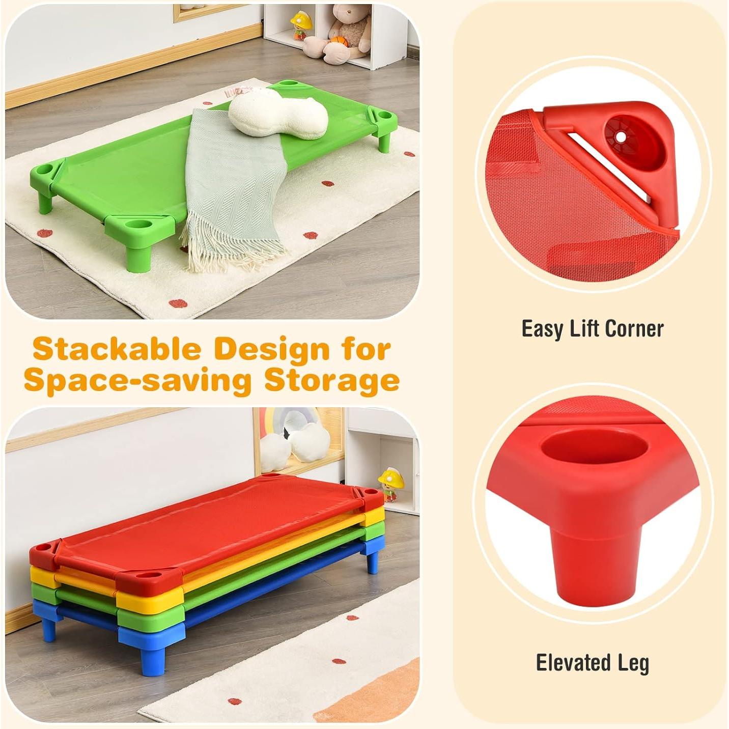Daycare Cots, 4-Pack Stackable Nap Bed Cot with Easy Lift Corners, Portable Children Sleeping Cots for Preschool Classroom, Nursery, Ready-to-Assemble (Colorful)