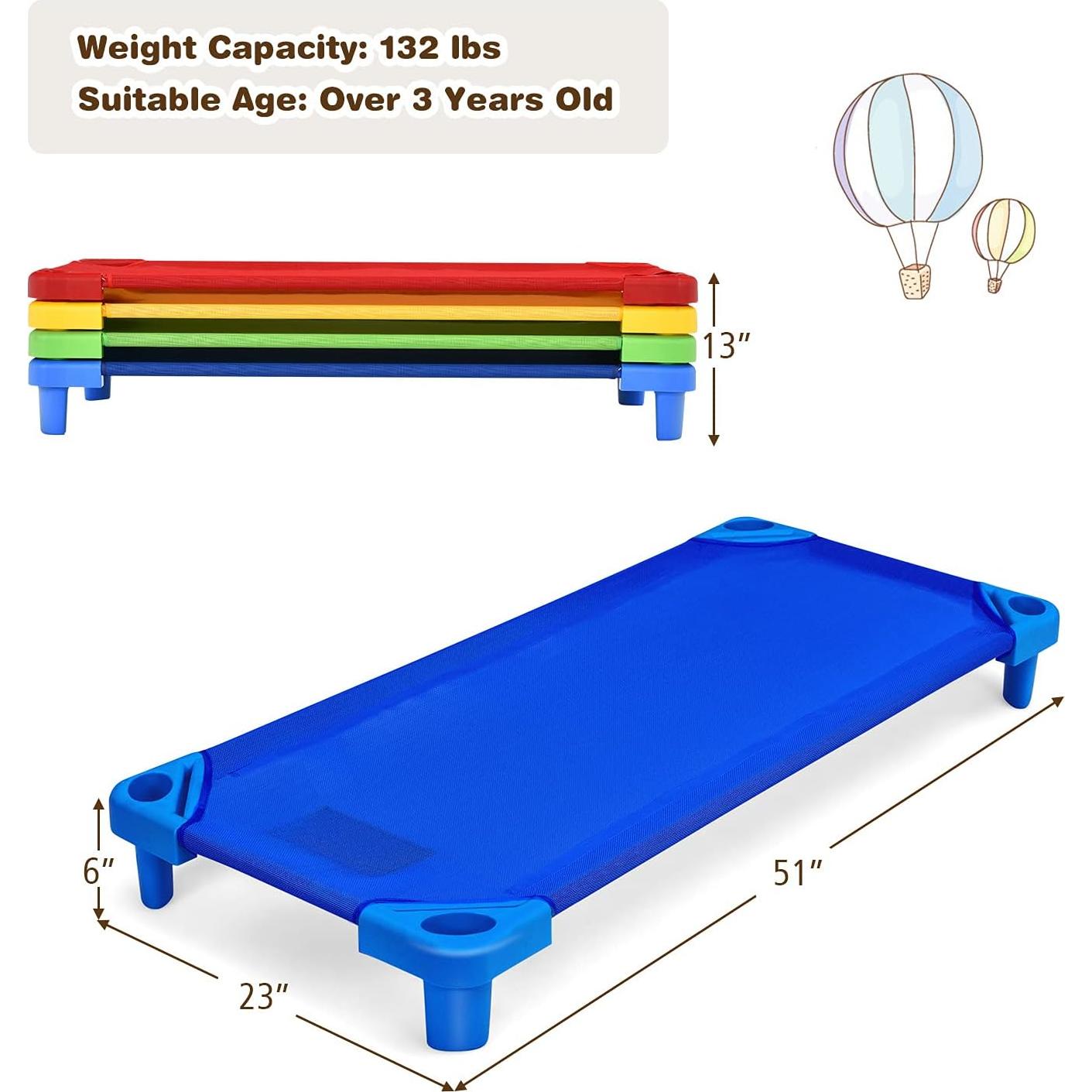 Daycare Cots, 4-Pack Stackable Nap Bed Cot with Easy Lift Corners, Portable Children Sleeping Cots for Preschool Classroom, Nursery, Ready-to-Assemble (Colorful)