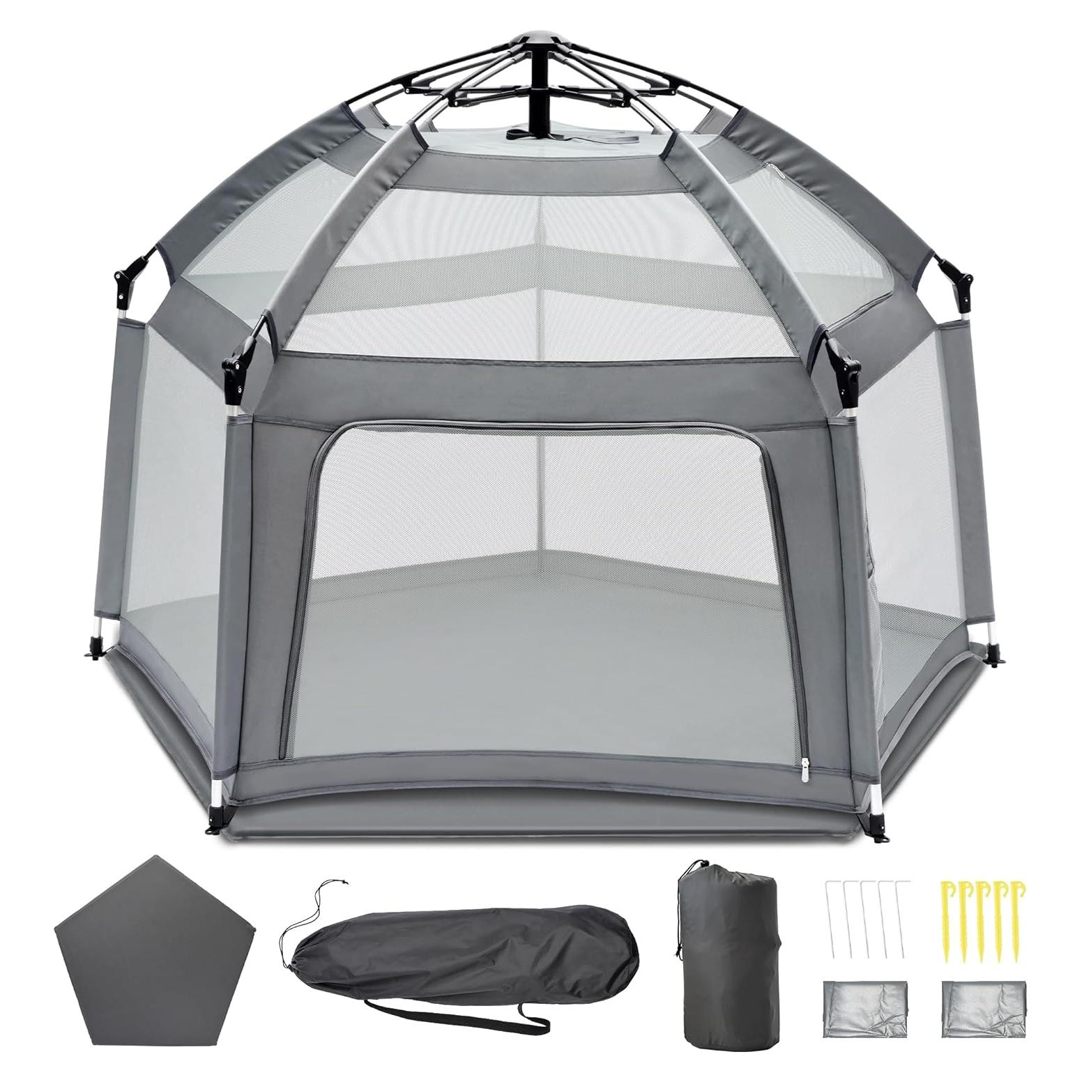 Parque Infantil Plegable Gris con Alfombra Autoinflable