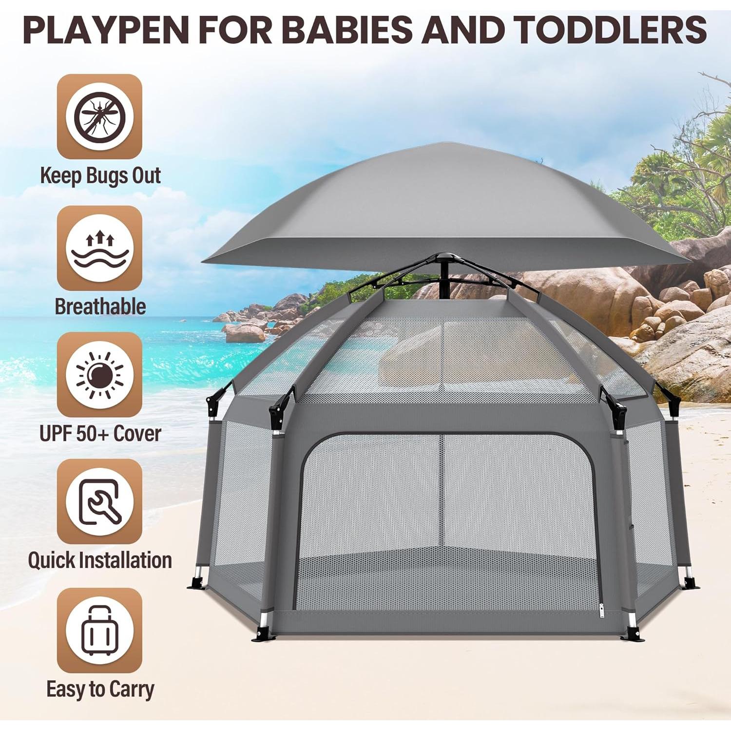 Parque Infantil Plegable Gris con Alfombra Autoinflable