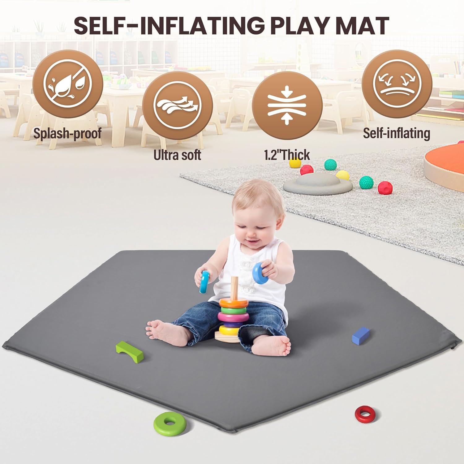 Parque Infantil Plegable Gris con Alfombra Autoinflable