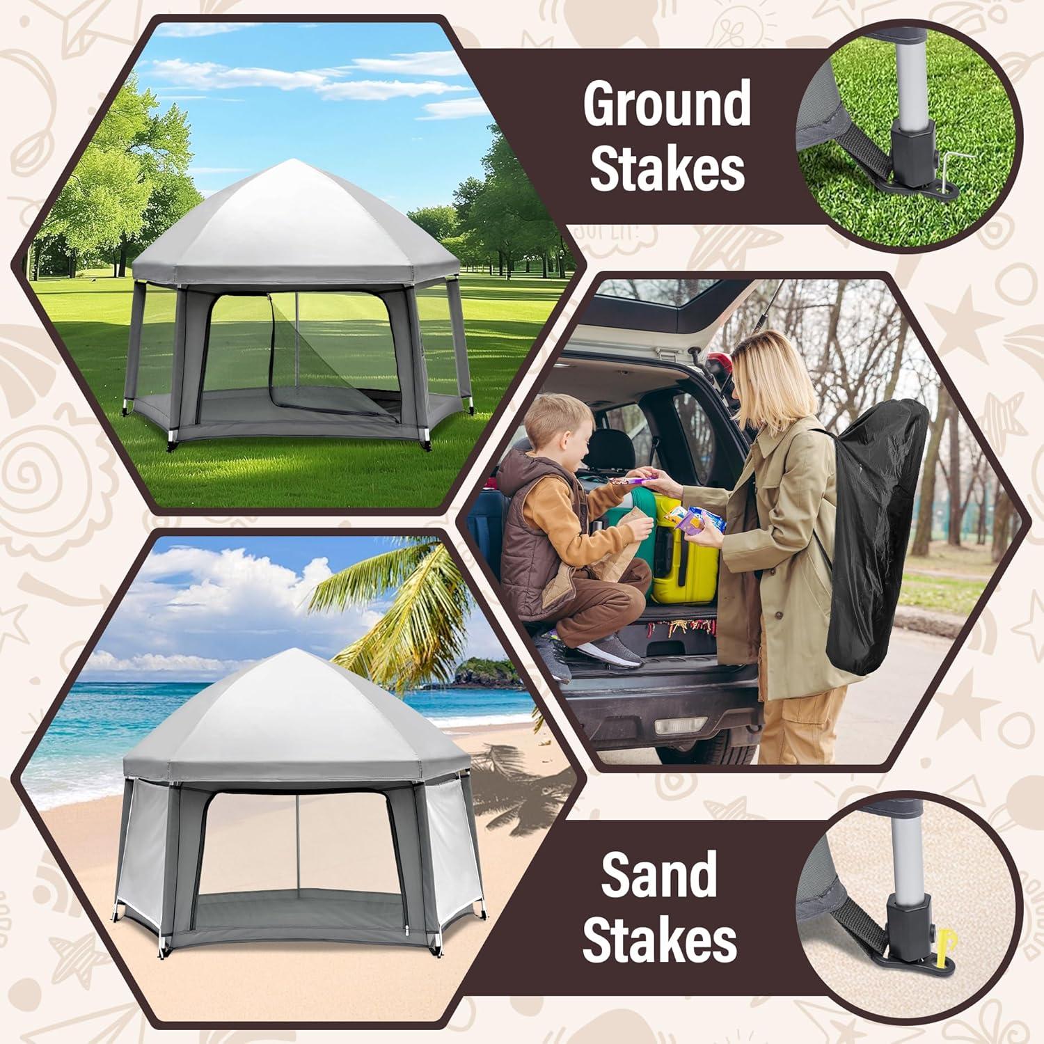 Parque Infantil Plegable Gris con Alfombra Autoinflable