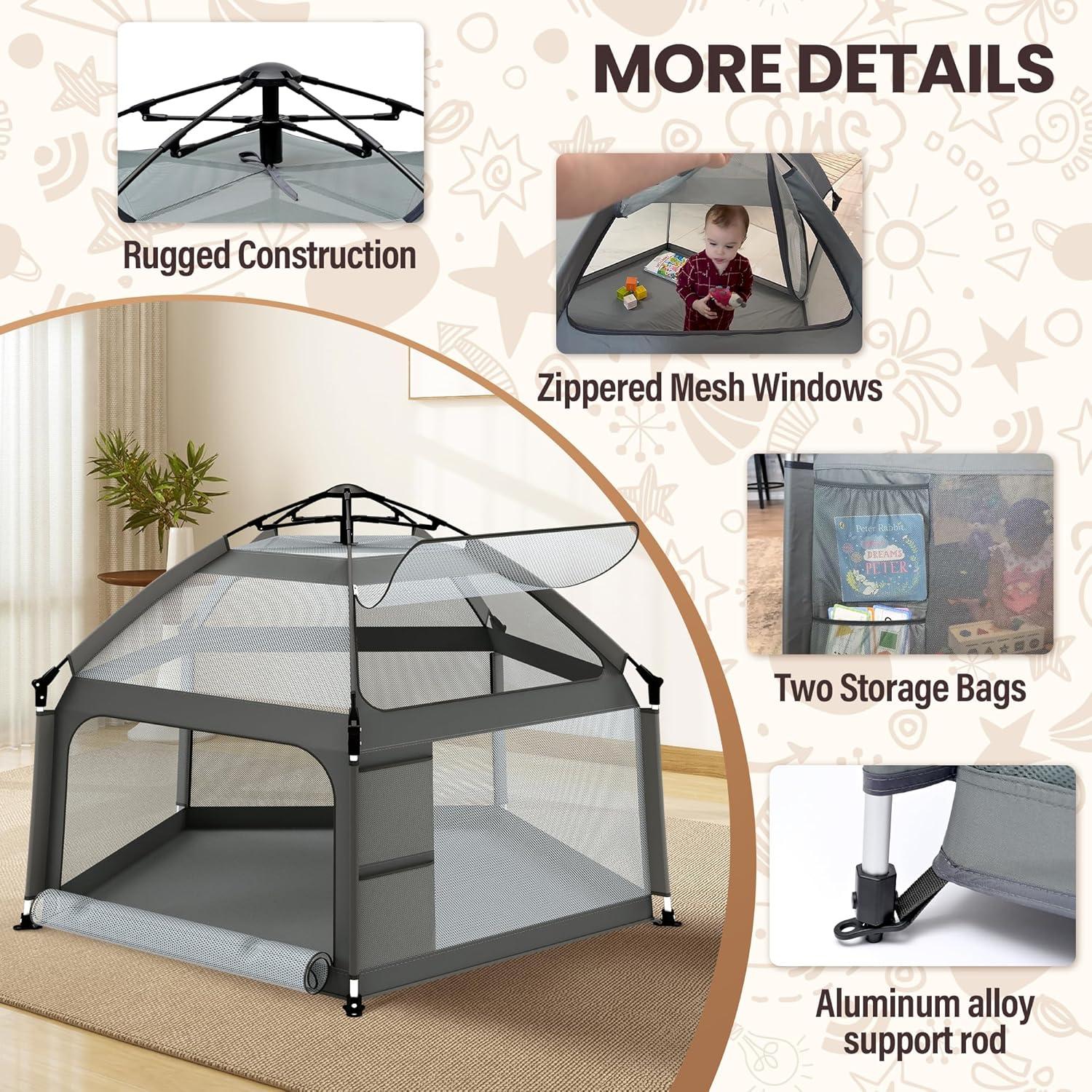 Parque Infantil Plegable Gris con Alfombra Autoinflable