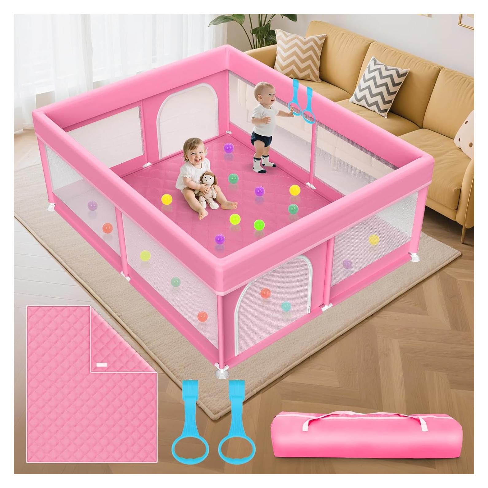 Parque Infantil Rosa Deeteck 180x180 cm con Alfombra Antideslizante