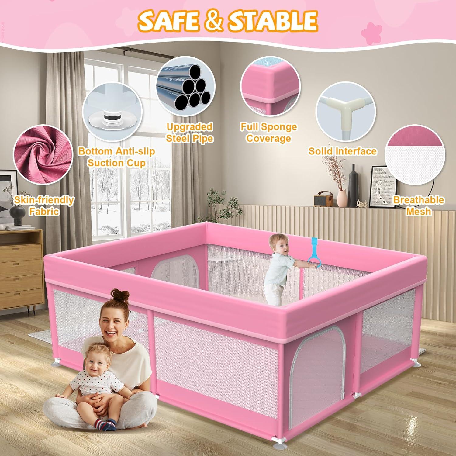 Parque Infantil Rosa Deeteck 180x180 cm con Alfombra Antideslizante