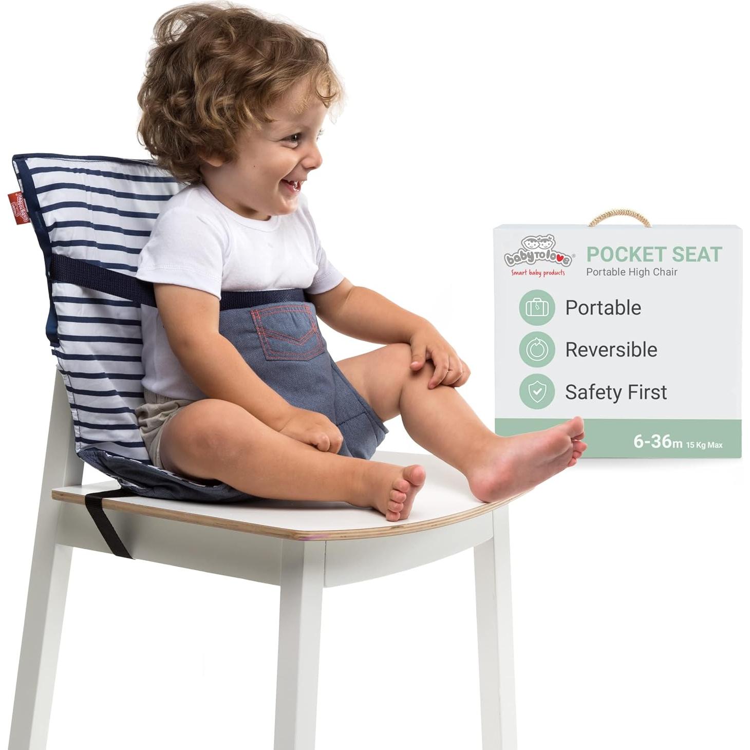 Silla Alta Portátil BabyToLove Denim | Asiento Seguro para Bebés