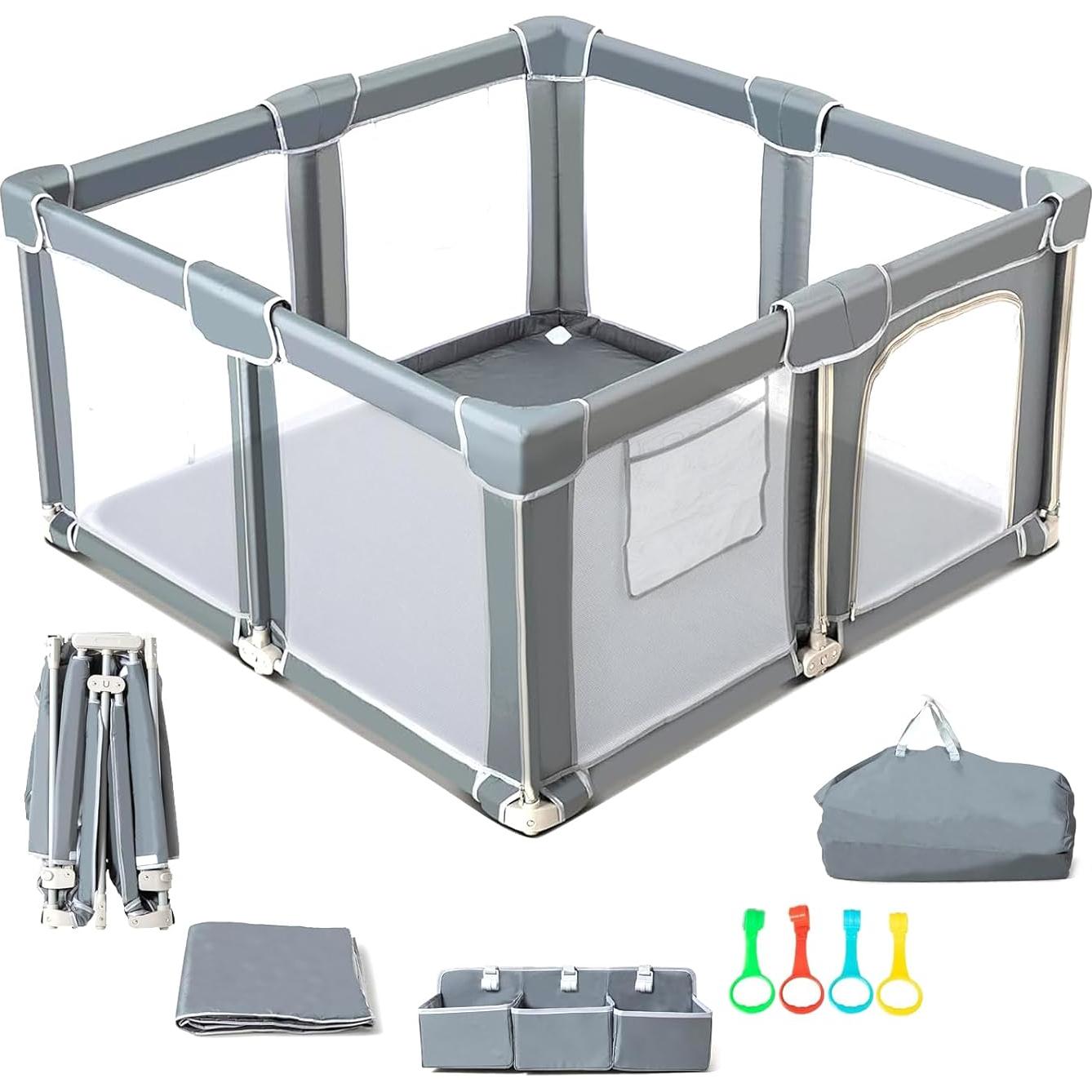 Parque Infantil Plegable 127x127cm con Alfombra y Malla Transpirable