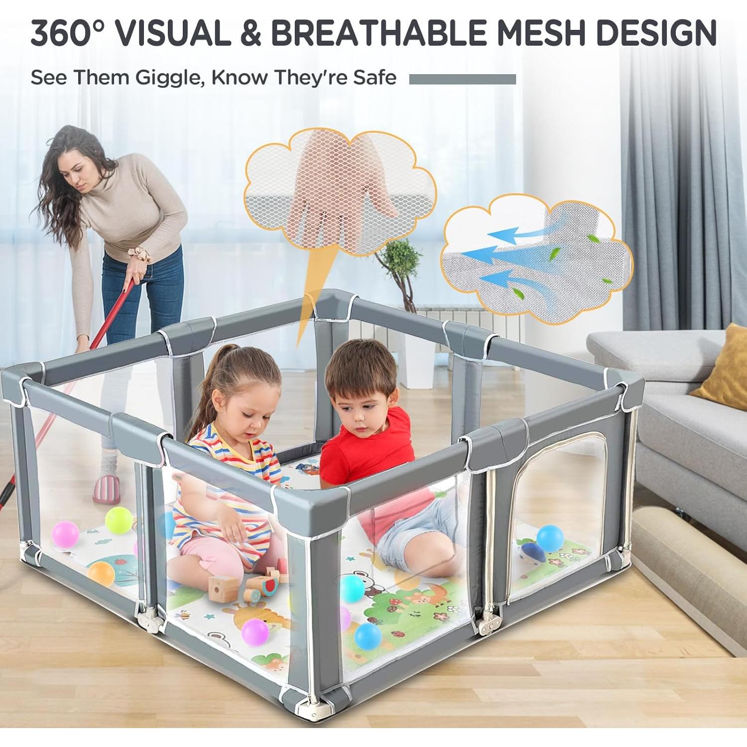 Parque Infantil Plegable 127x127cm con Alfombra y Malla Transpirable