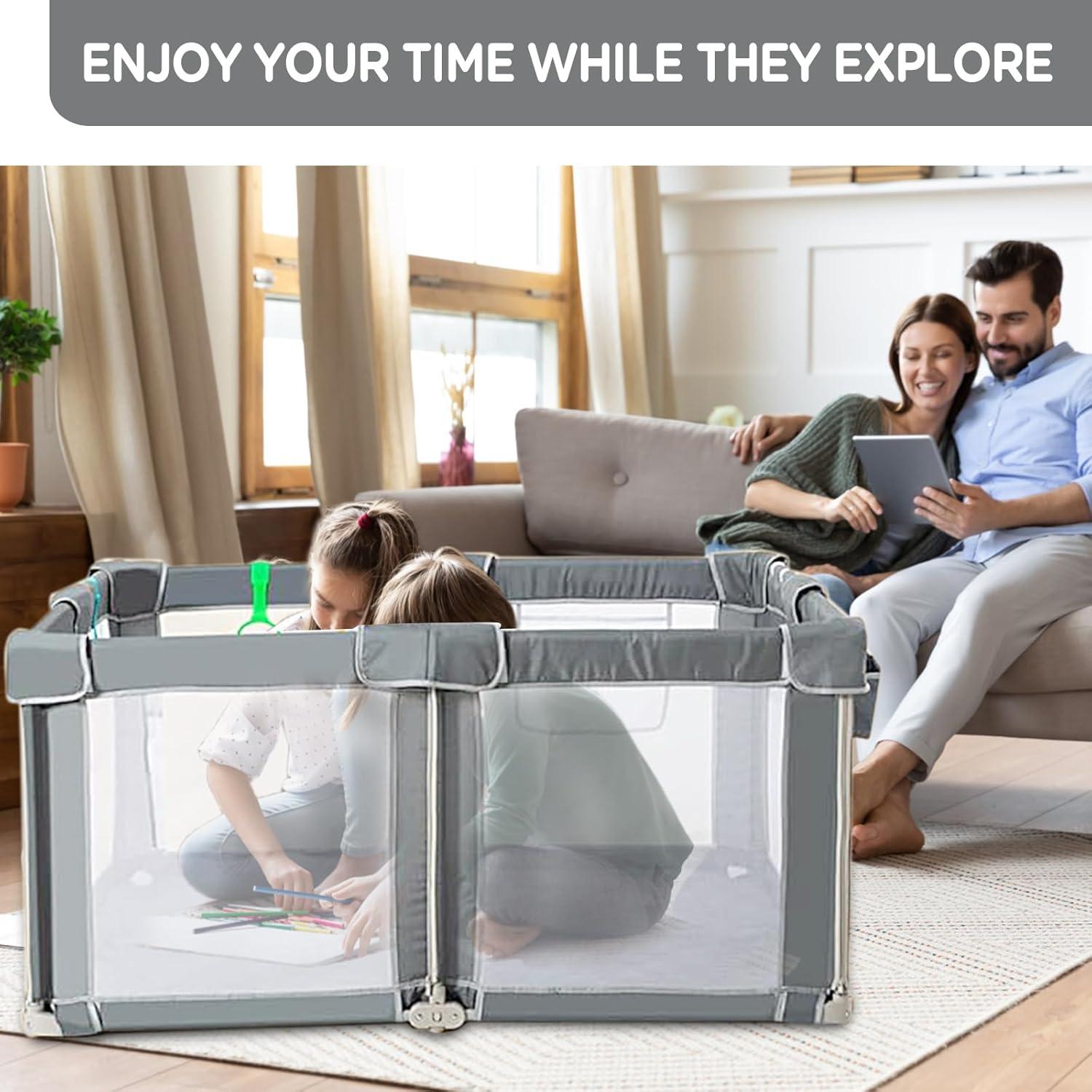 Parque Infantil Plegable 127x127cm con Alfombra y Malla Transpirable