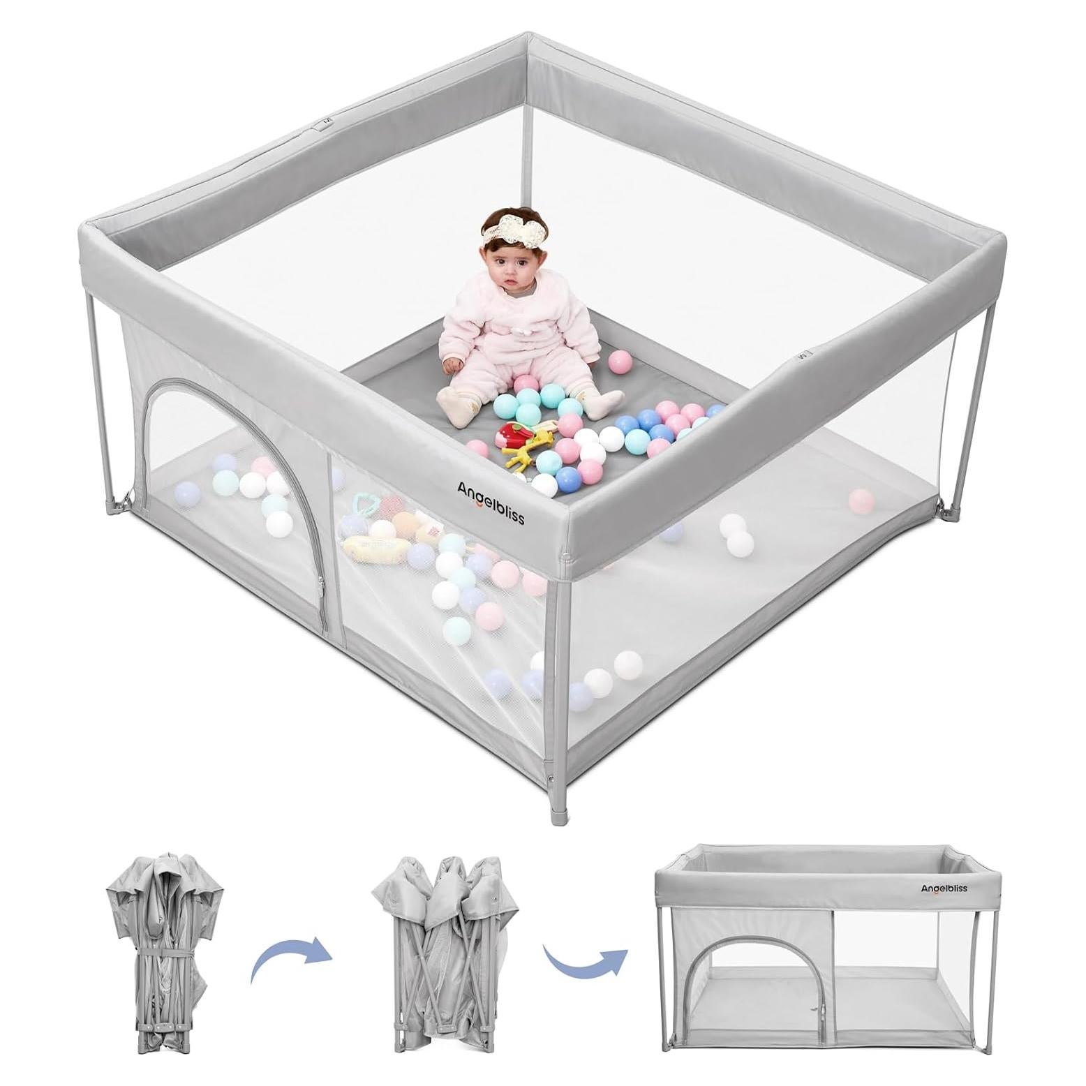 Parque Infantil Plegable Gris 127cm x 127cm con Malla Transpirable